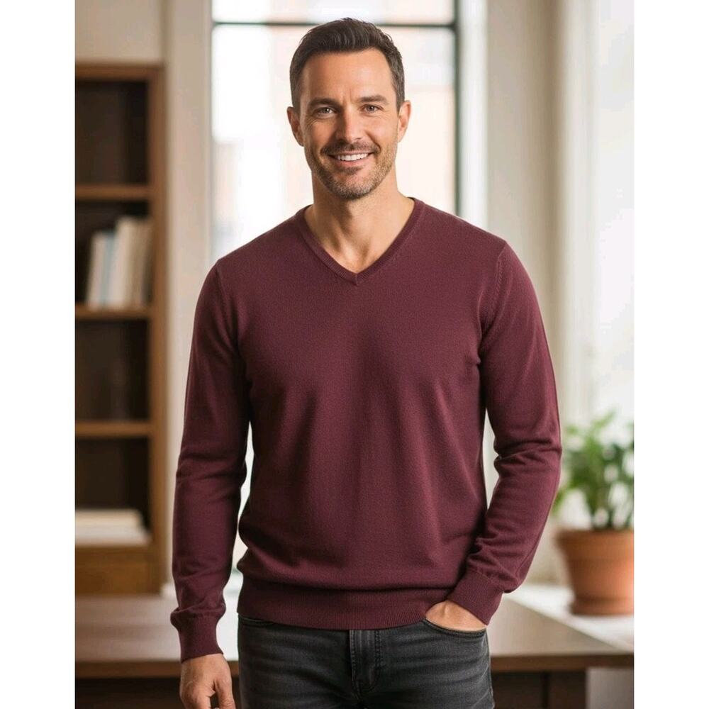 J.Crew Sweater Men's Sz LT Burgundy V-Neck Cotton Cashmere Long Sleeve Pullover